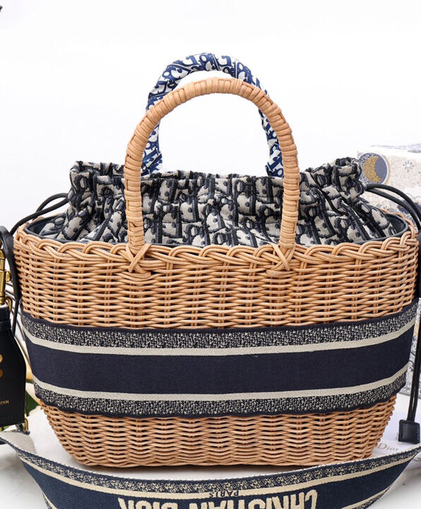 Christian Dior Wicker Basket Canvas with Leather Bag Apricot